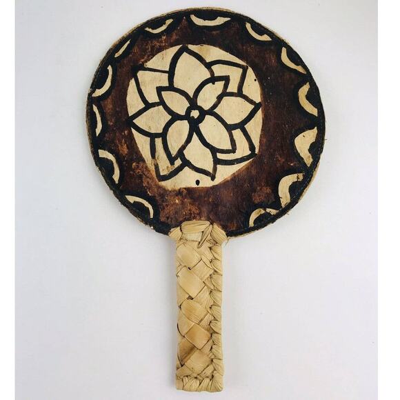 Rattan Hand Held Fan Polynesian Kapa Bark Raffia Antique Woven - Picture 2 of 10